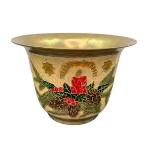 Vintage Brass Cloisonne Painted Christmas Bowl Wreath Candle Holly